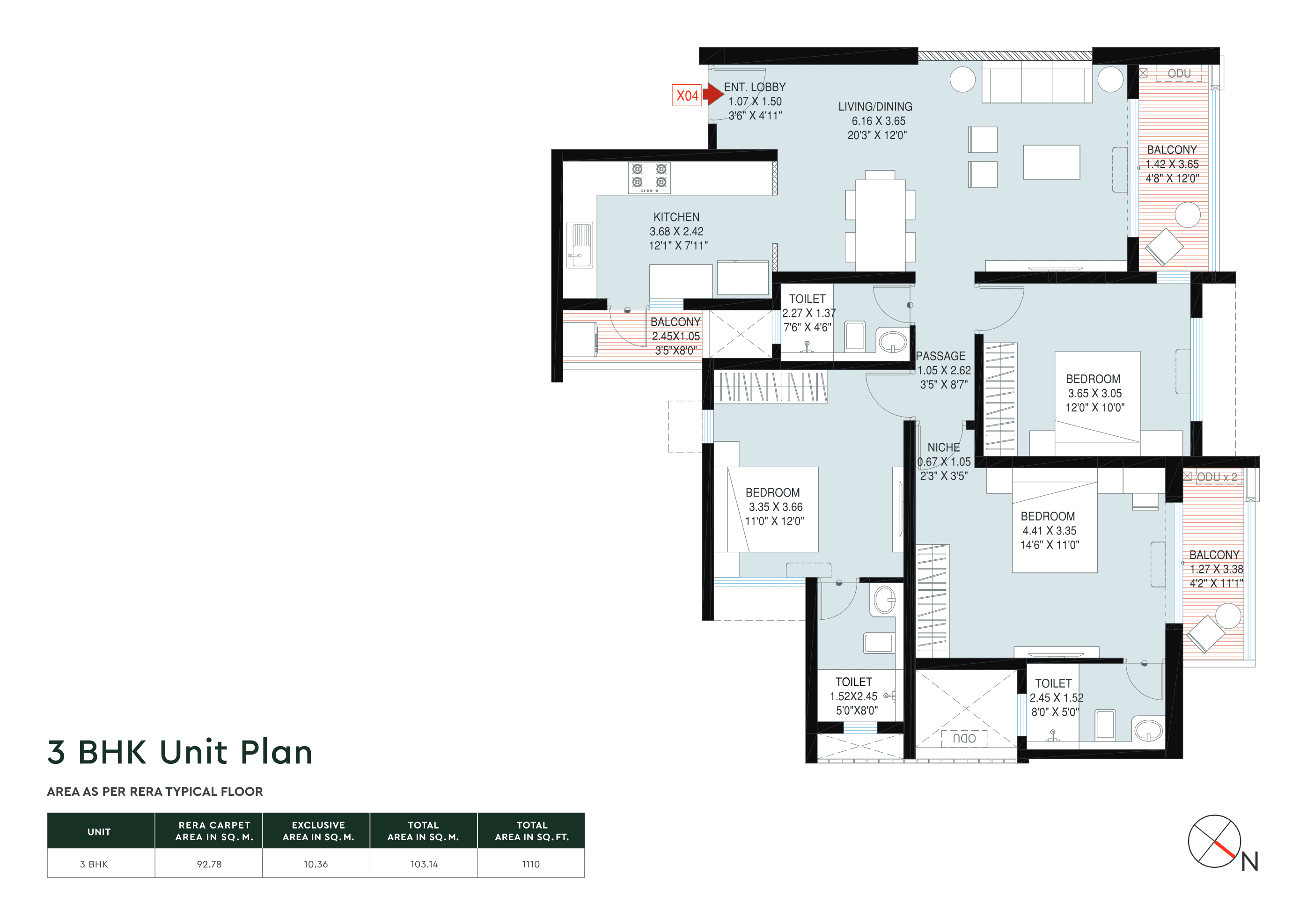 3 BHK floor plan