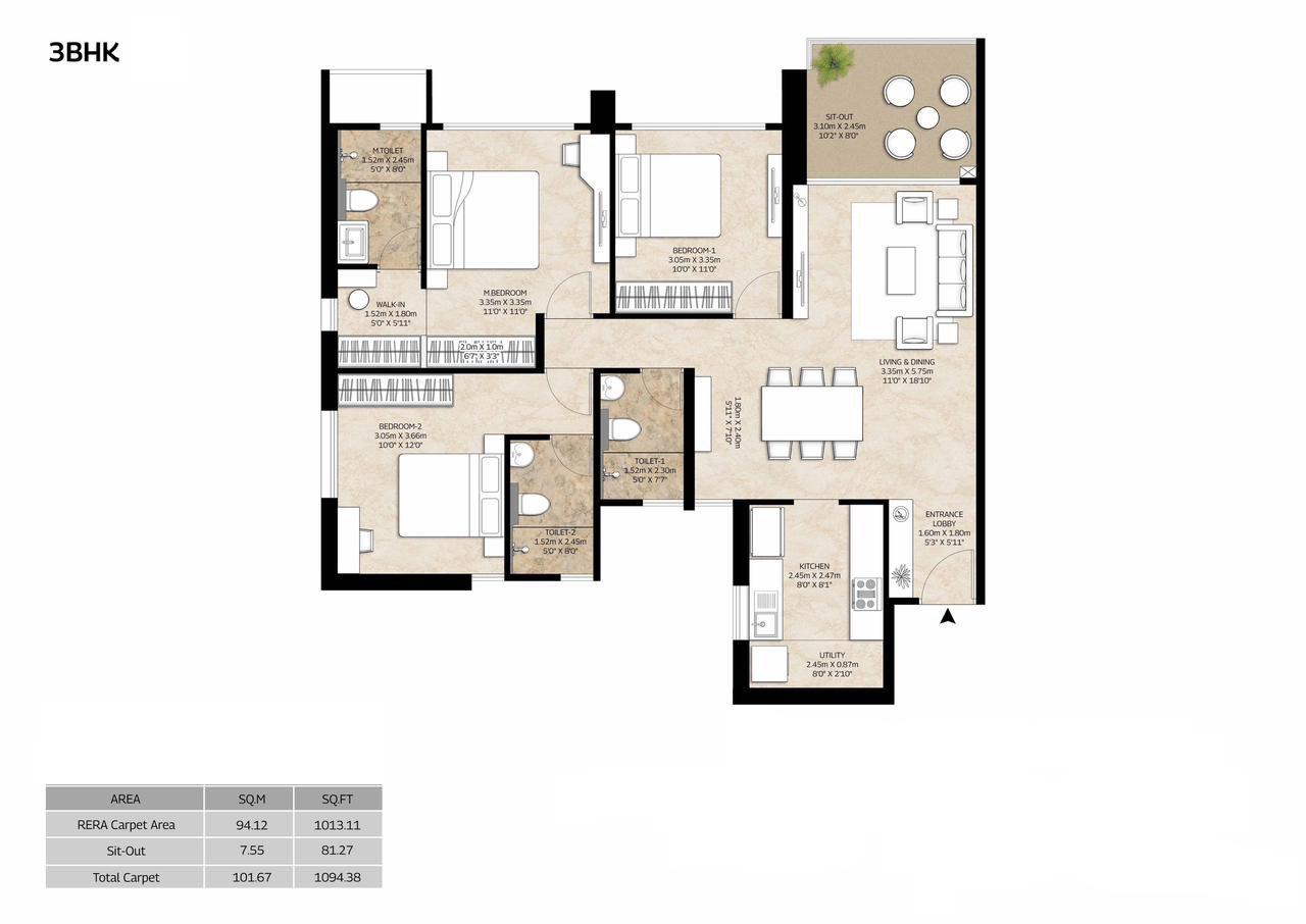 3 BHK floor plan