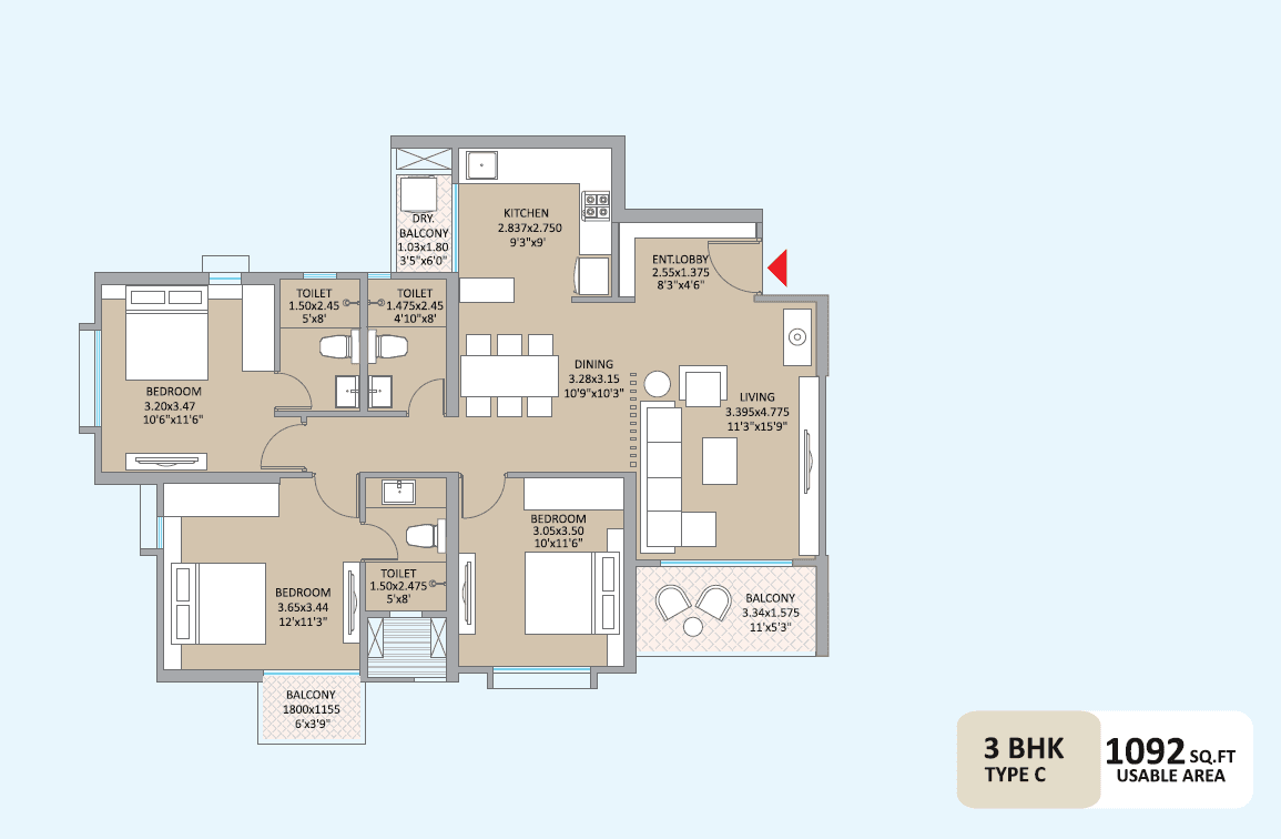 3 BHK floor plan