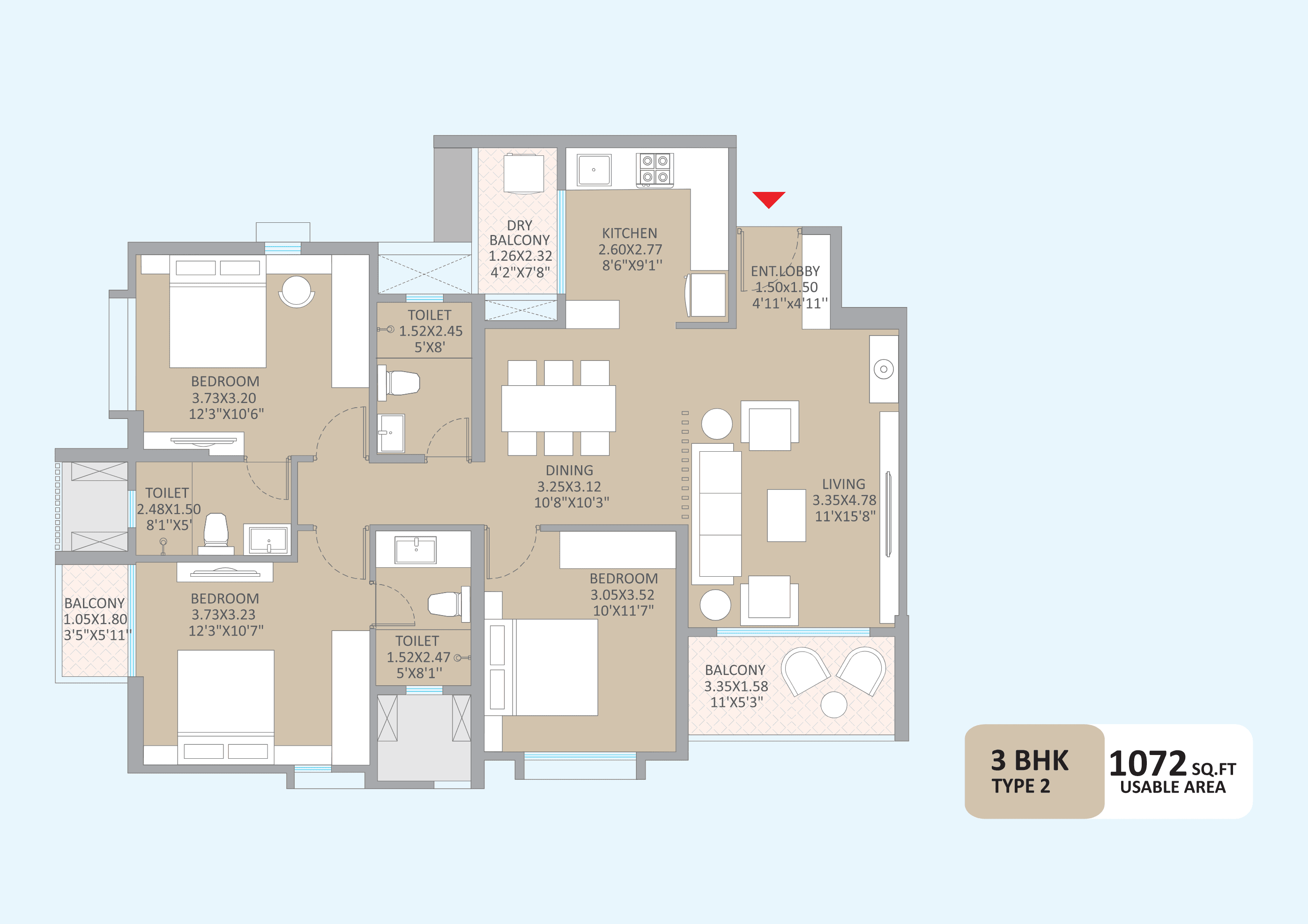 3 BHK floor plan