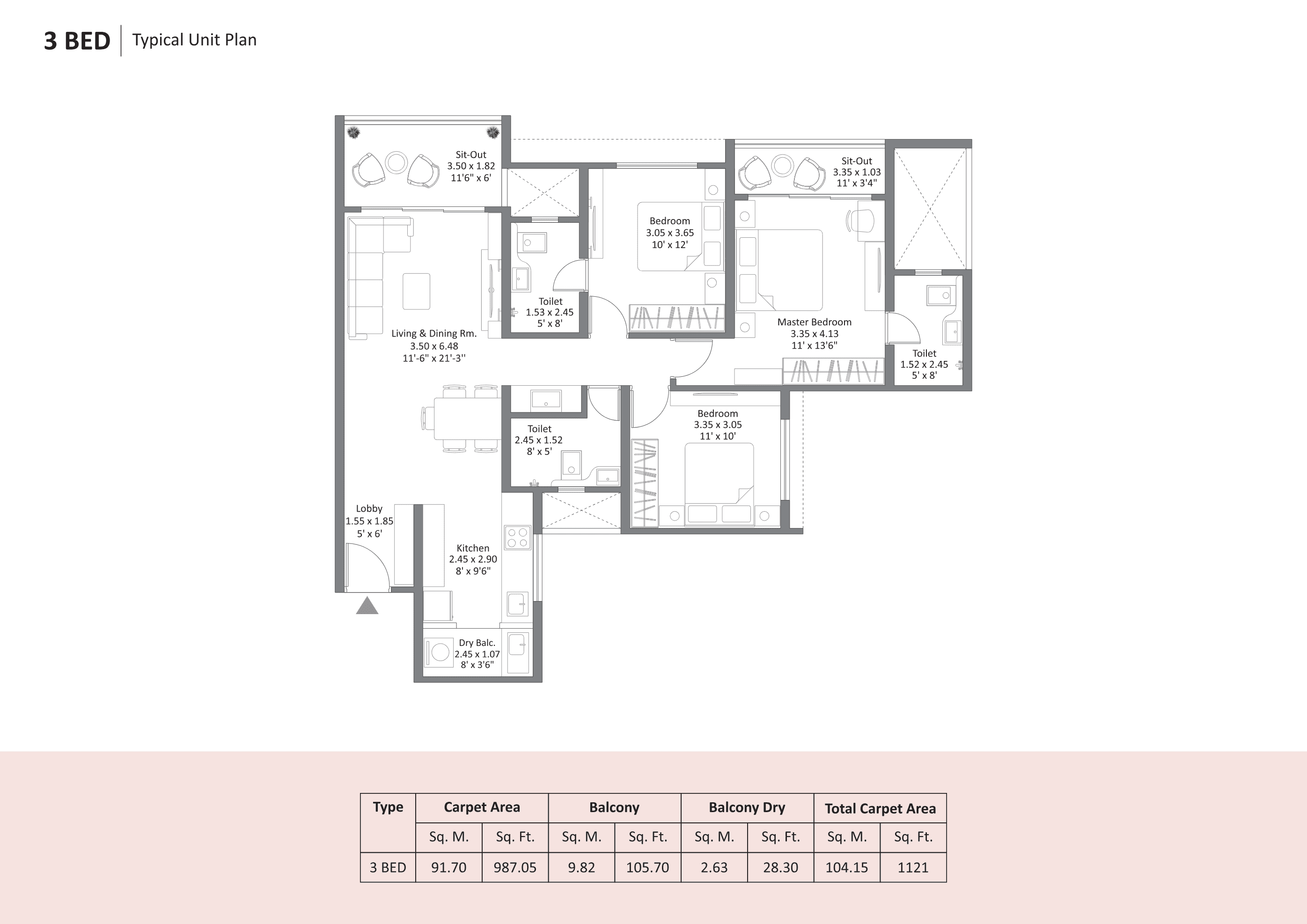 3 BHK floor plan
