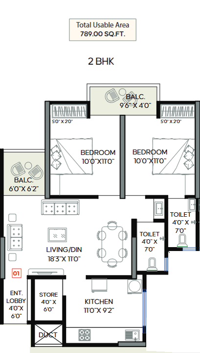 2 BHK floor plan