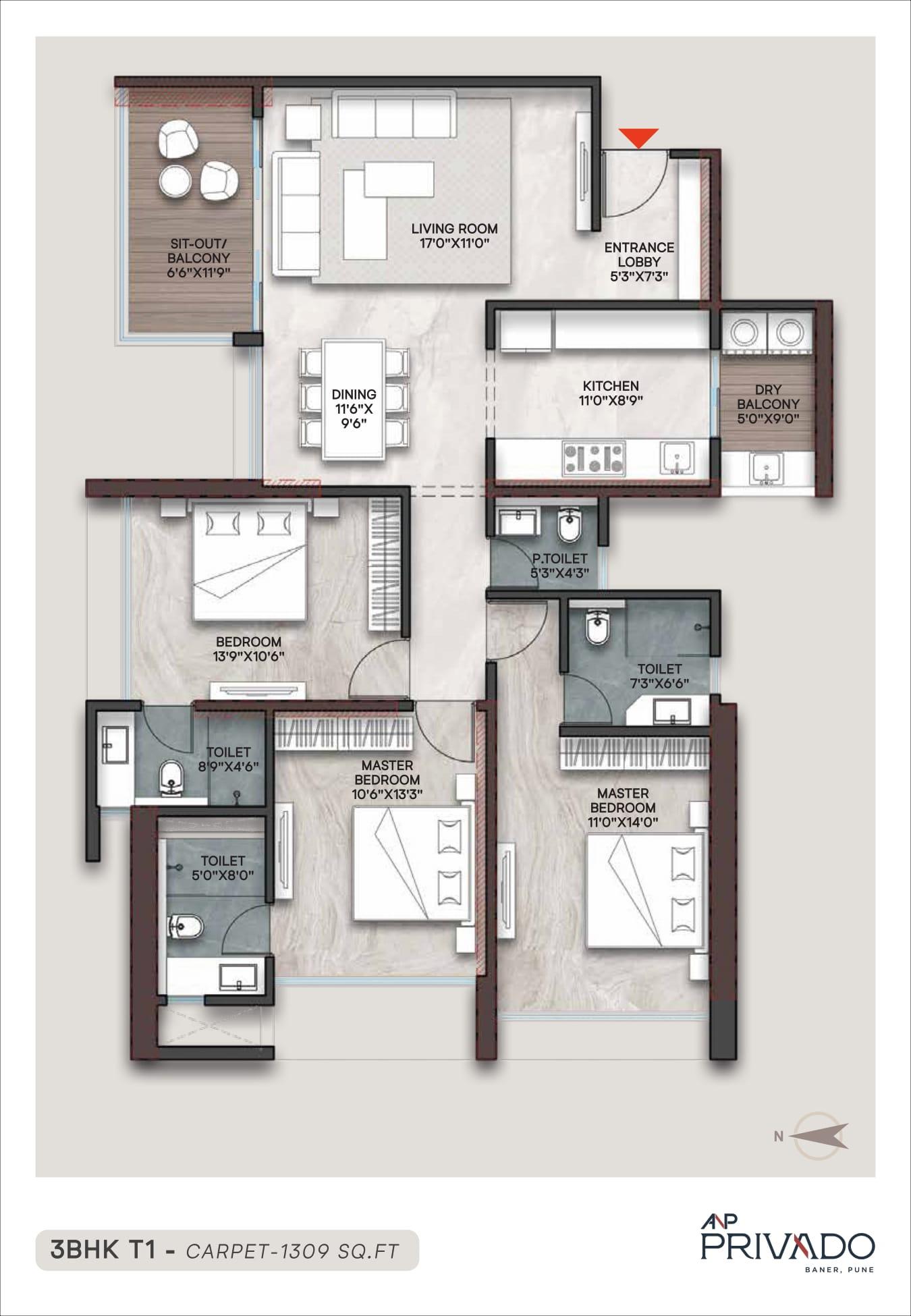 3 BHK floor plan