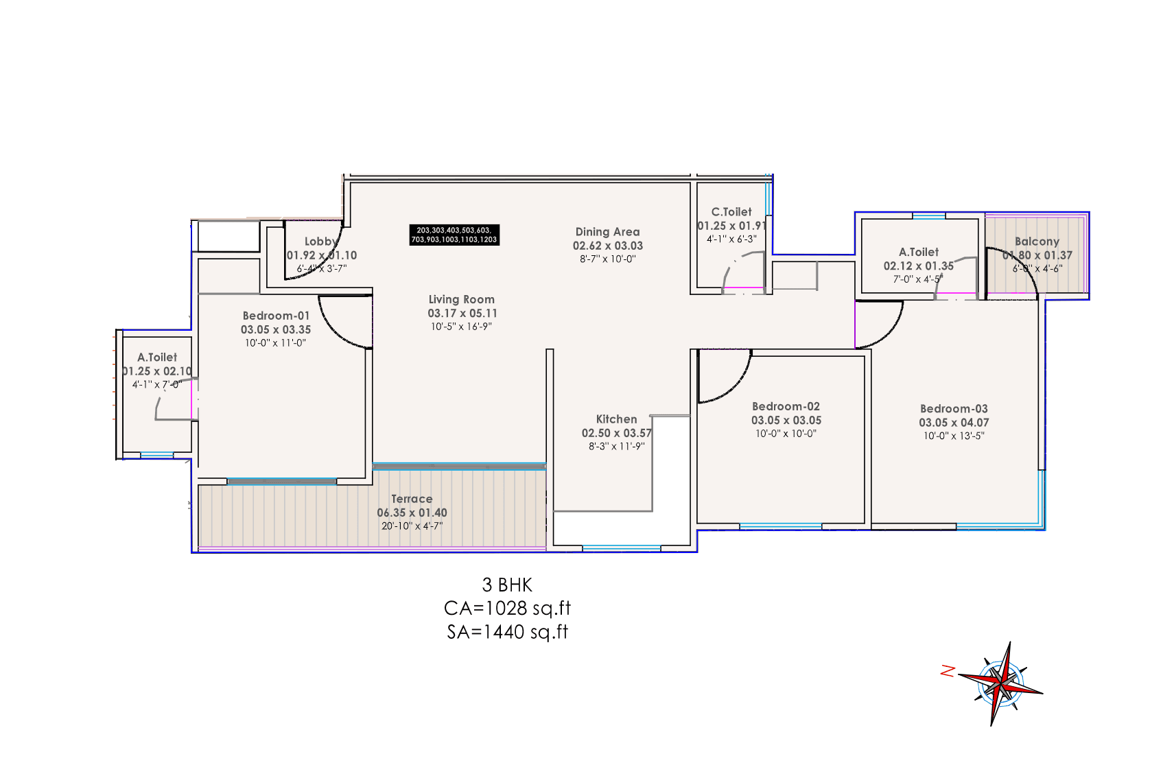 3 BHK floor plan