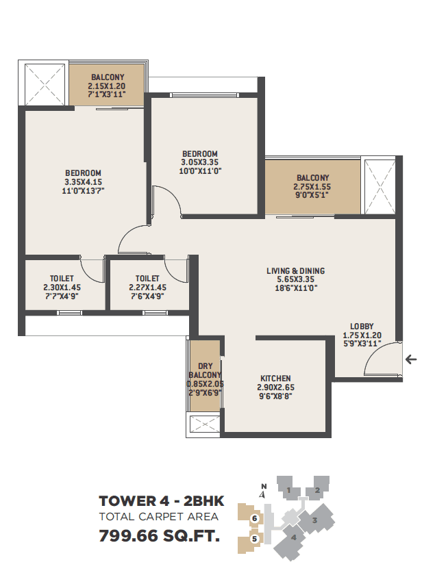 2 BHK floor plan