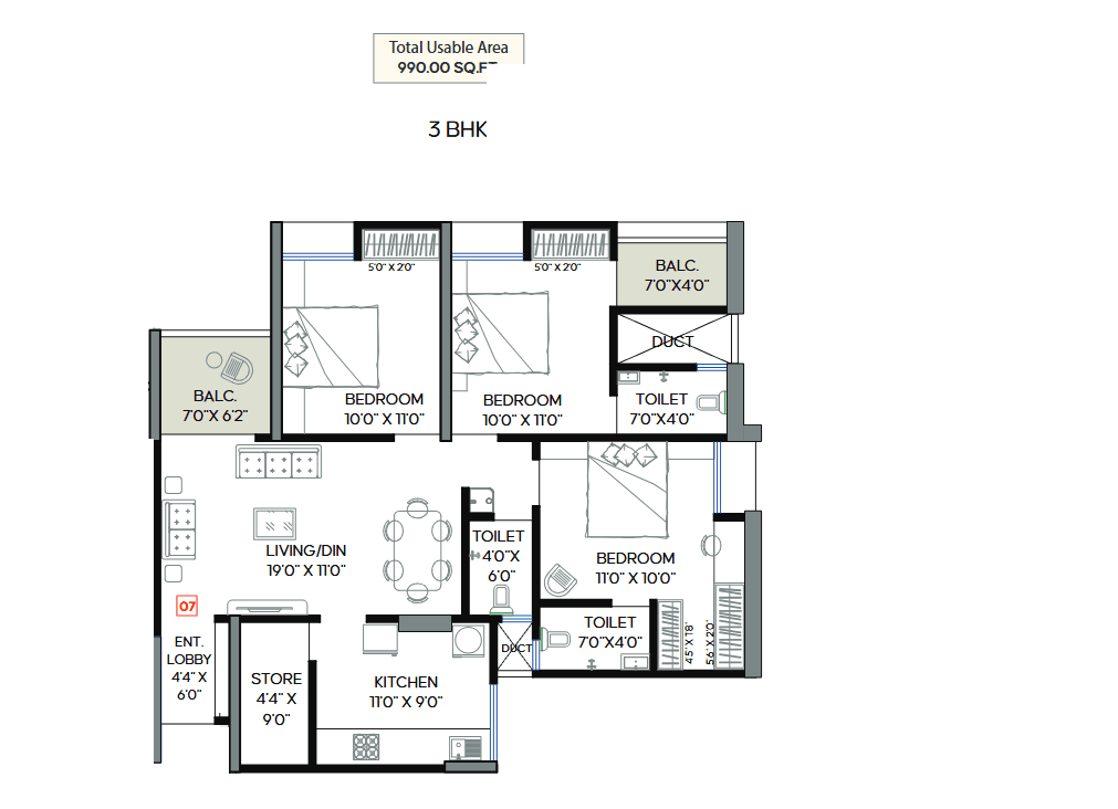 3 BHK floor plan