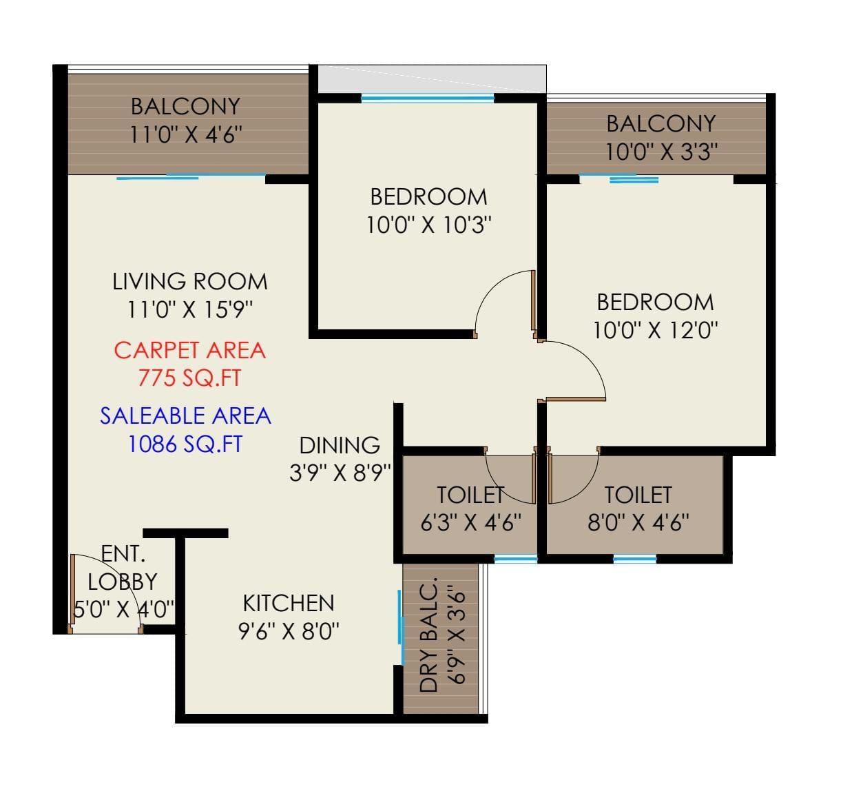 2 BHK floor plan