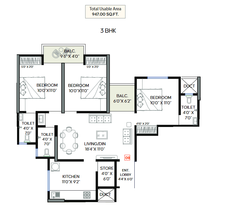 3 BHK floor plan