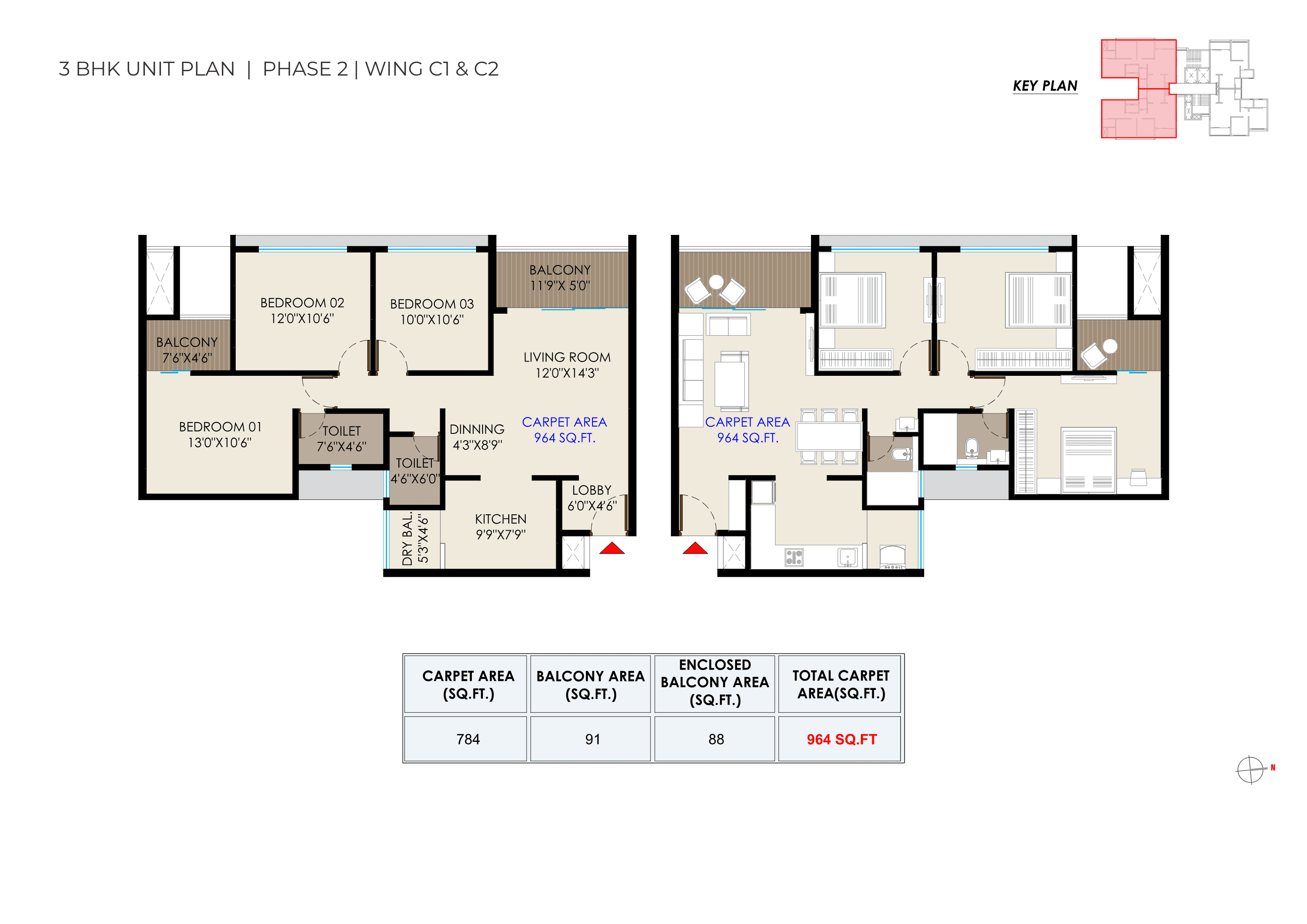 3 BHK floor plan