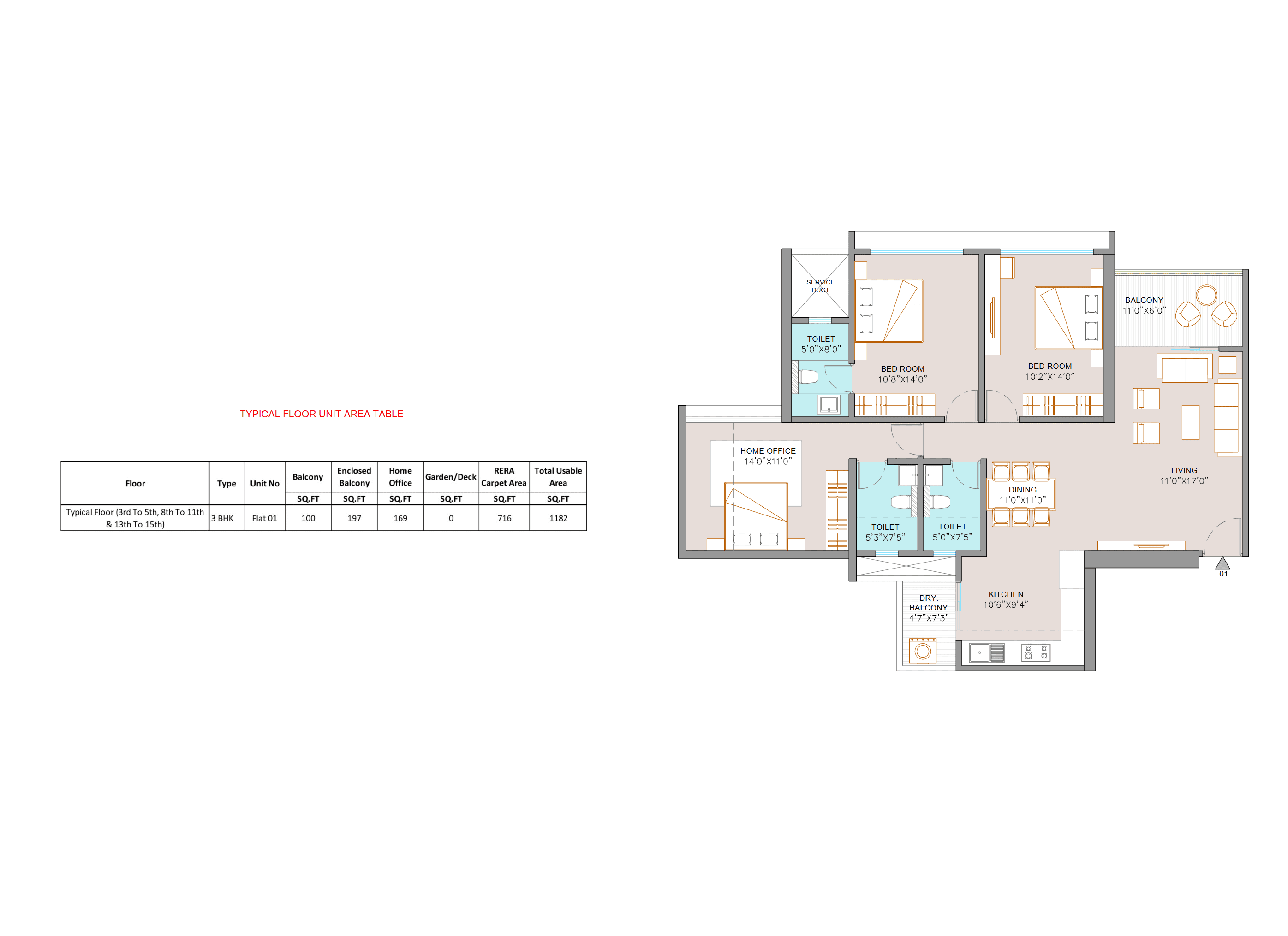 3 BHK floor plan