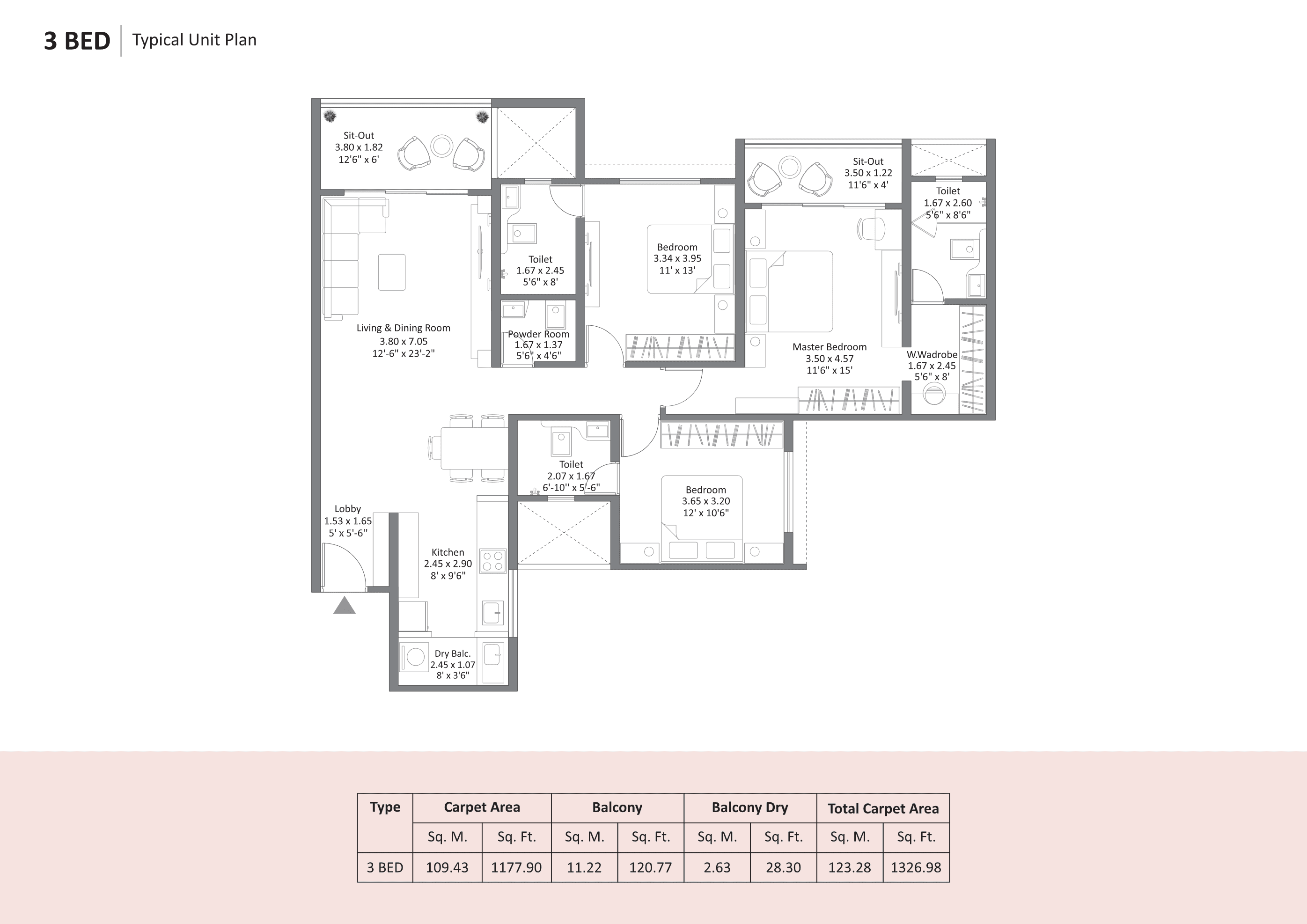 3 BHK floor plan
