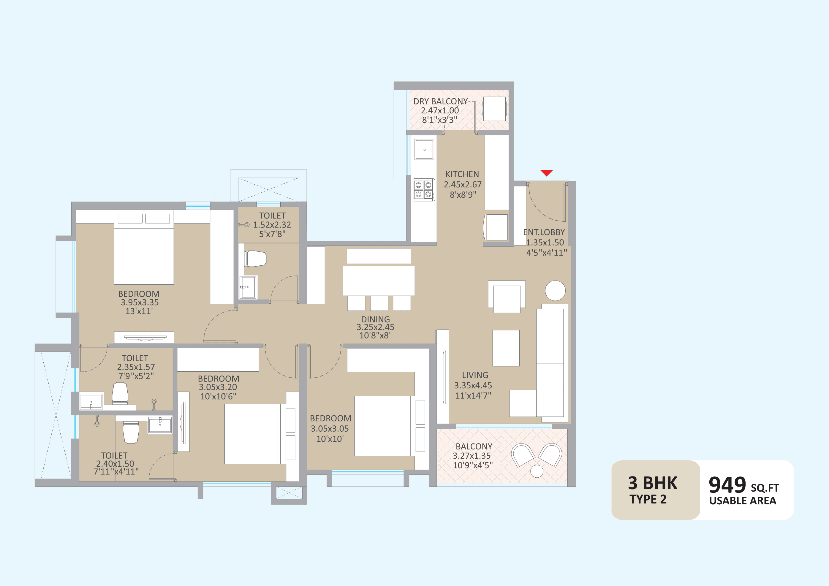 3 BHK floor plan
