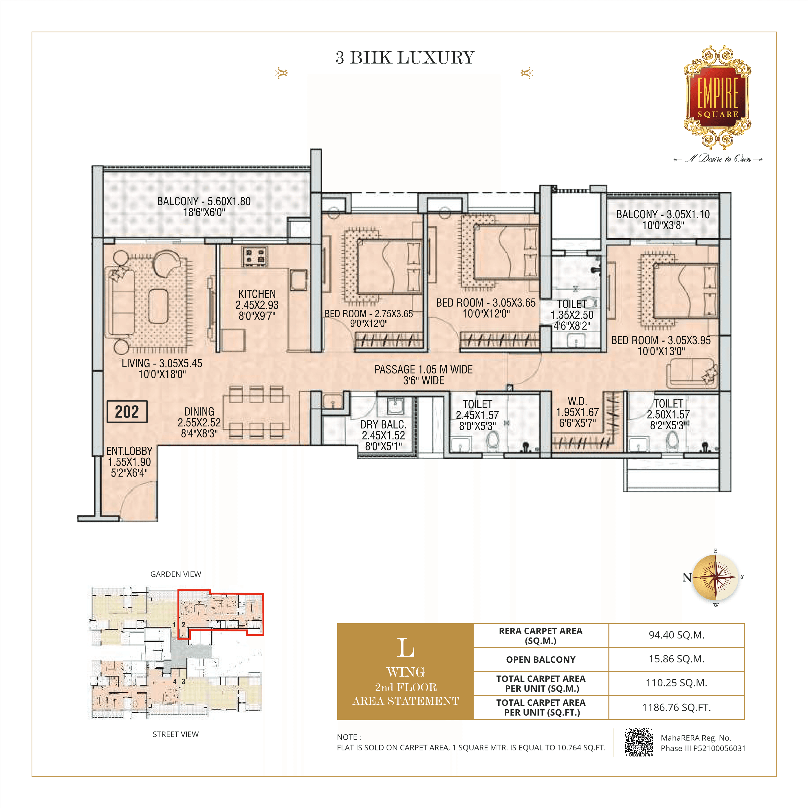 3 BHK floor plan