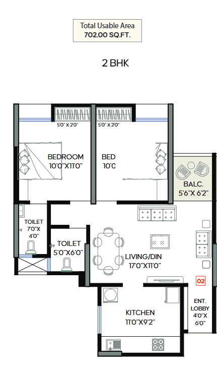 2 BHK floor plan