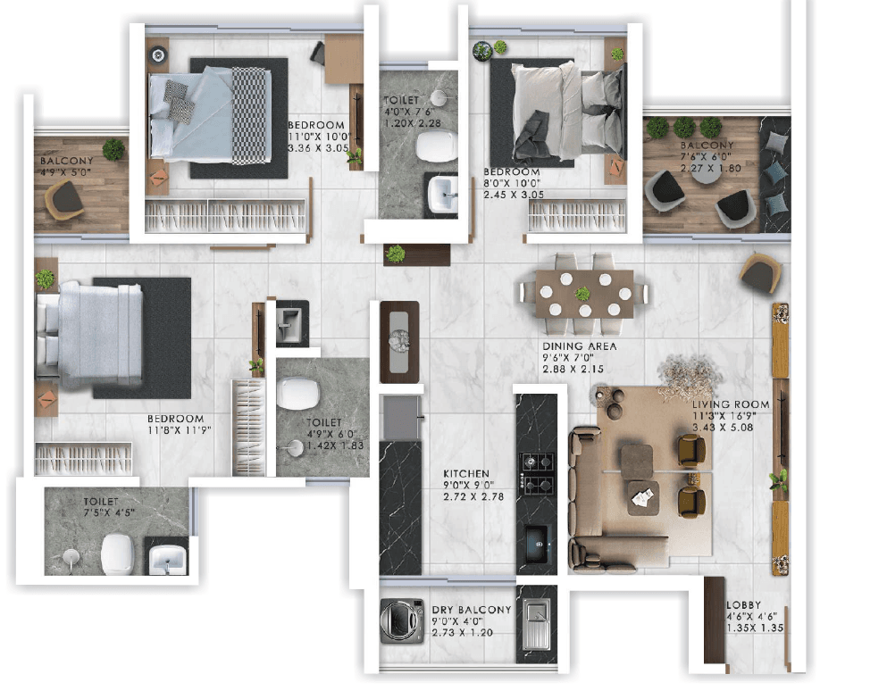 3 BHK floor plan