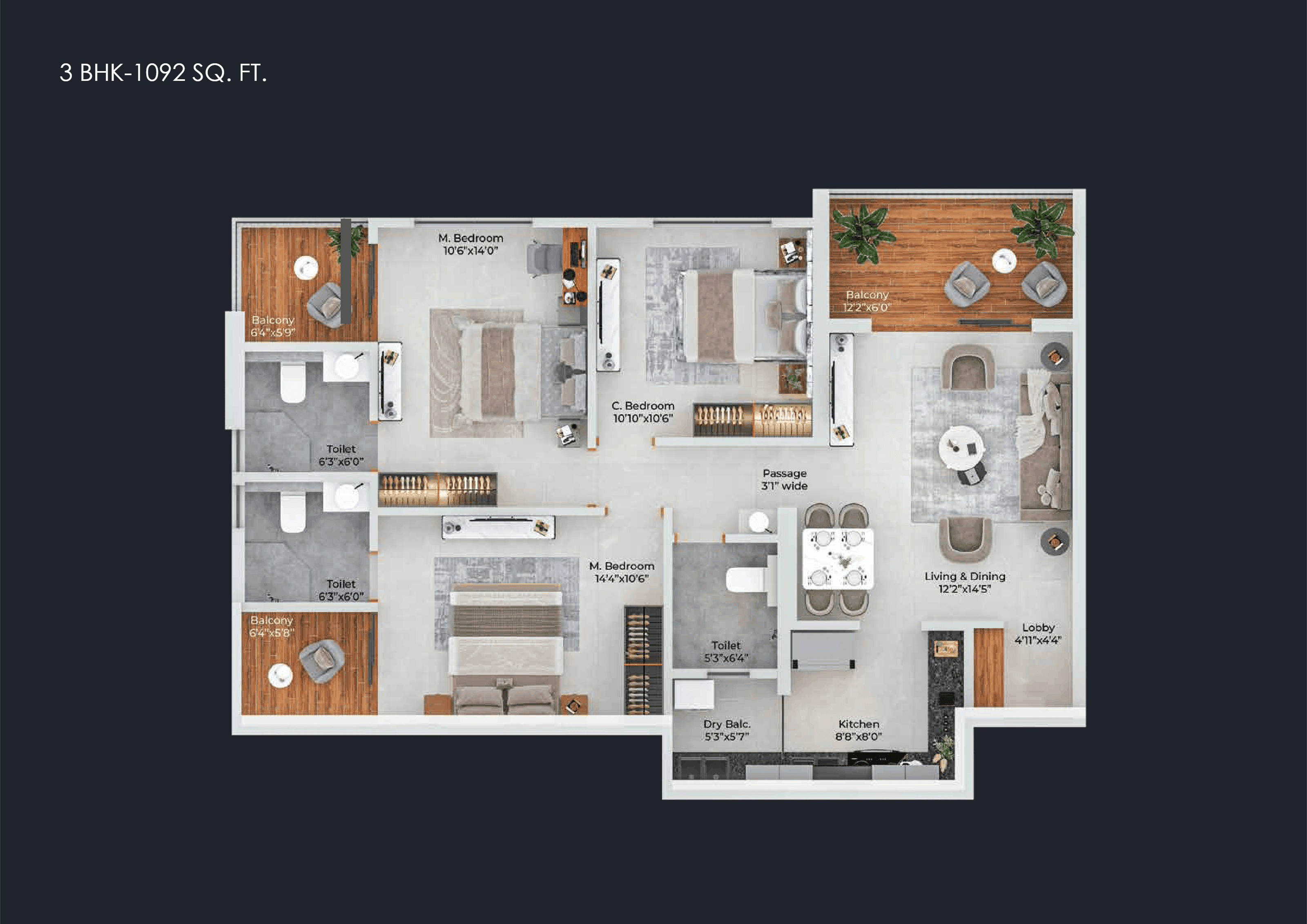 3 BHK floor plan