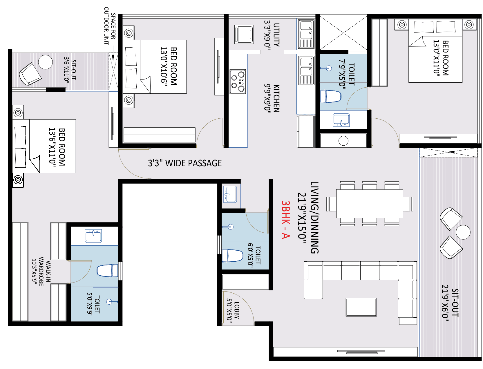 3 BHK floor plan