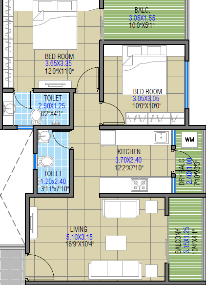 2 BHK floor plan