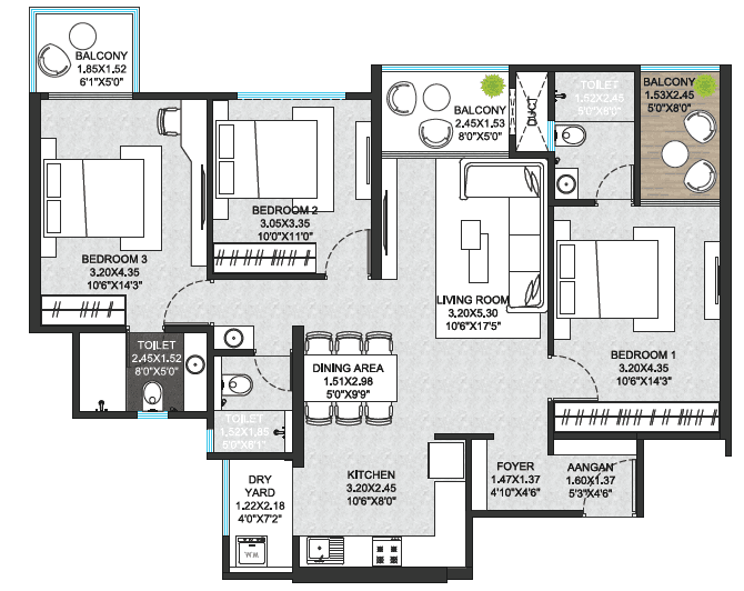 3 BHK floor plan
