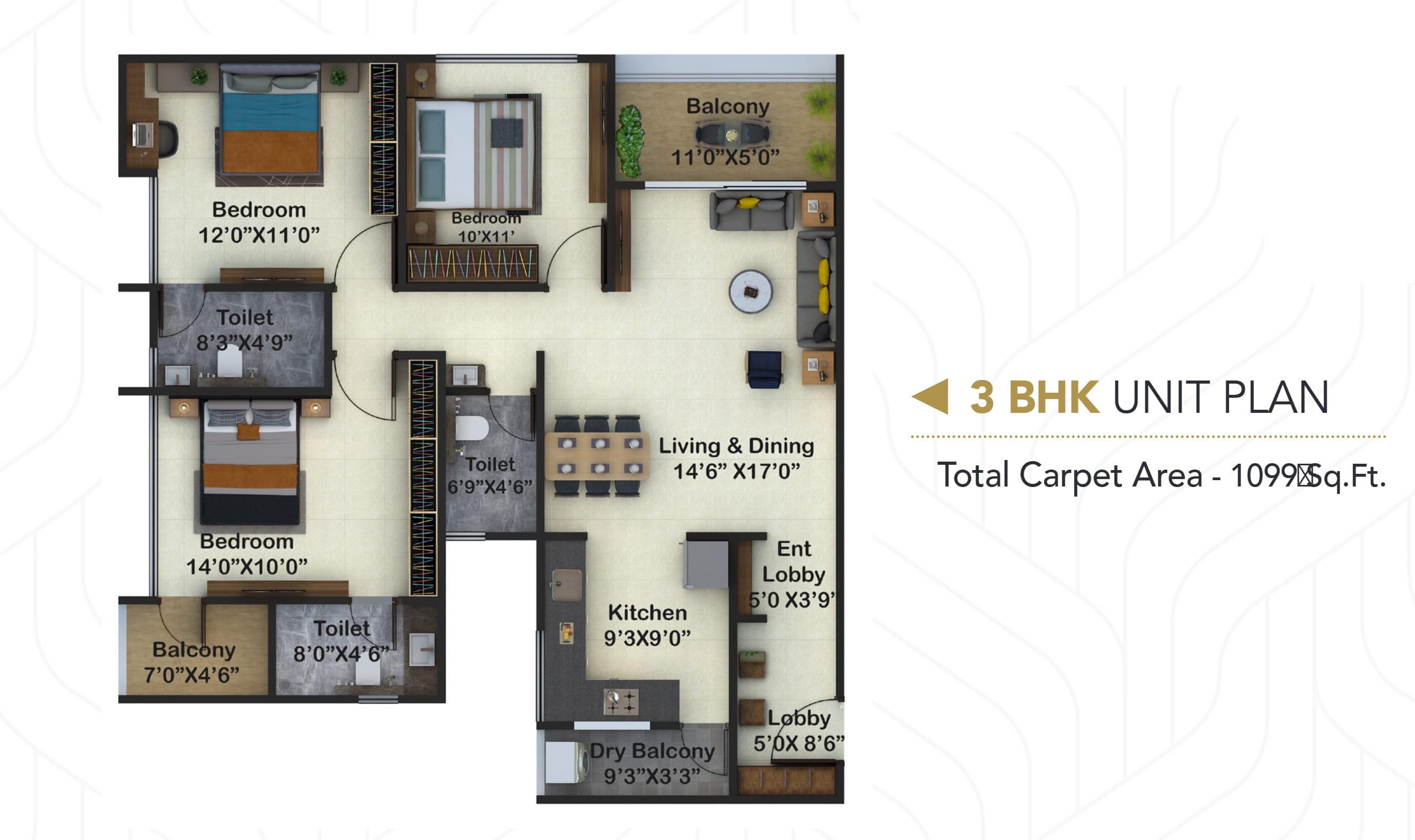 3 BHK floor plan