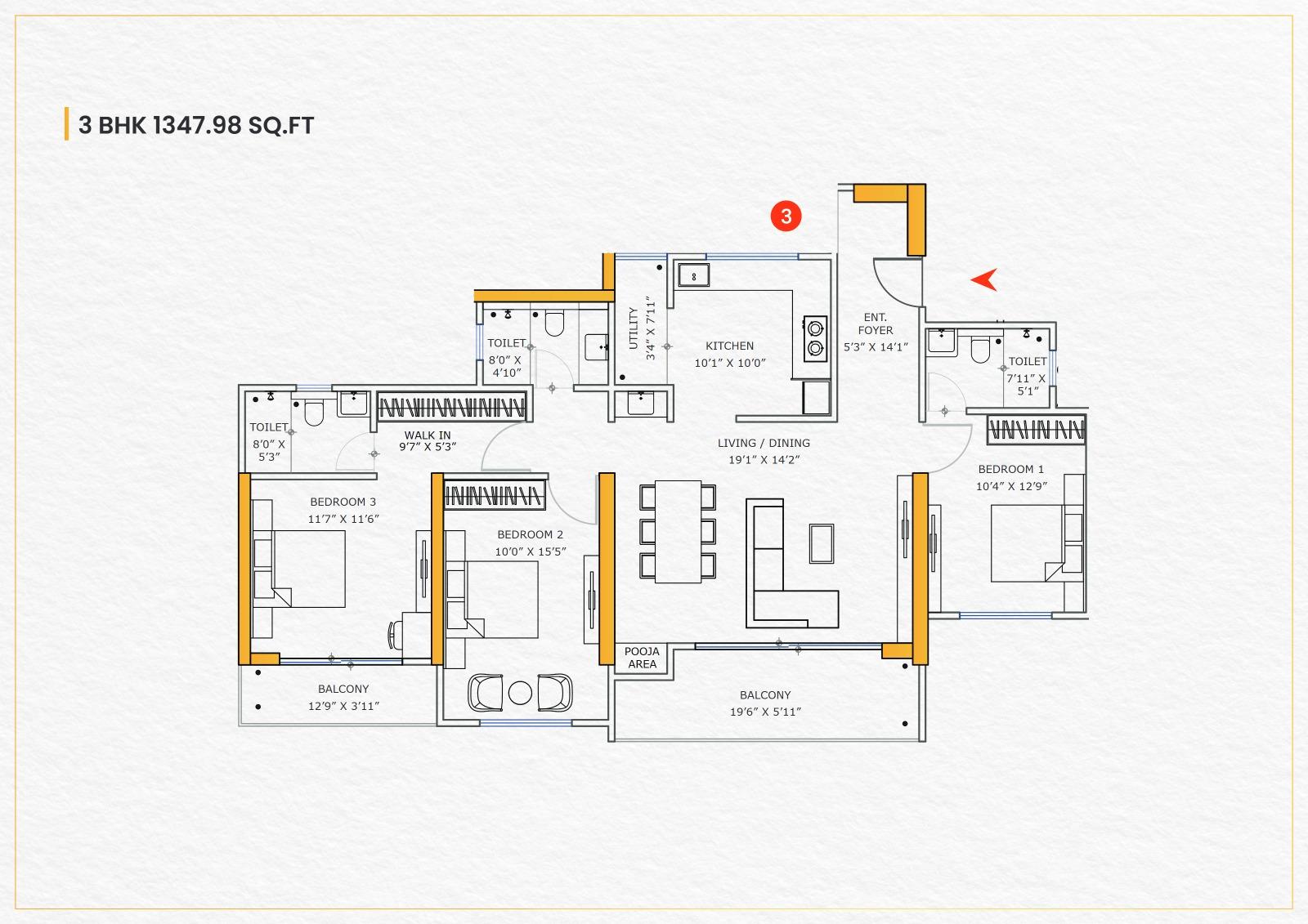 3 BHK floor plan