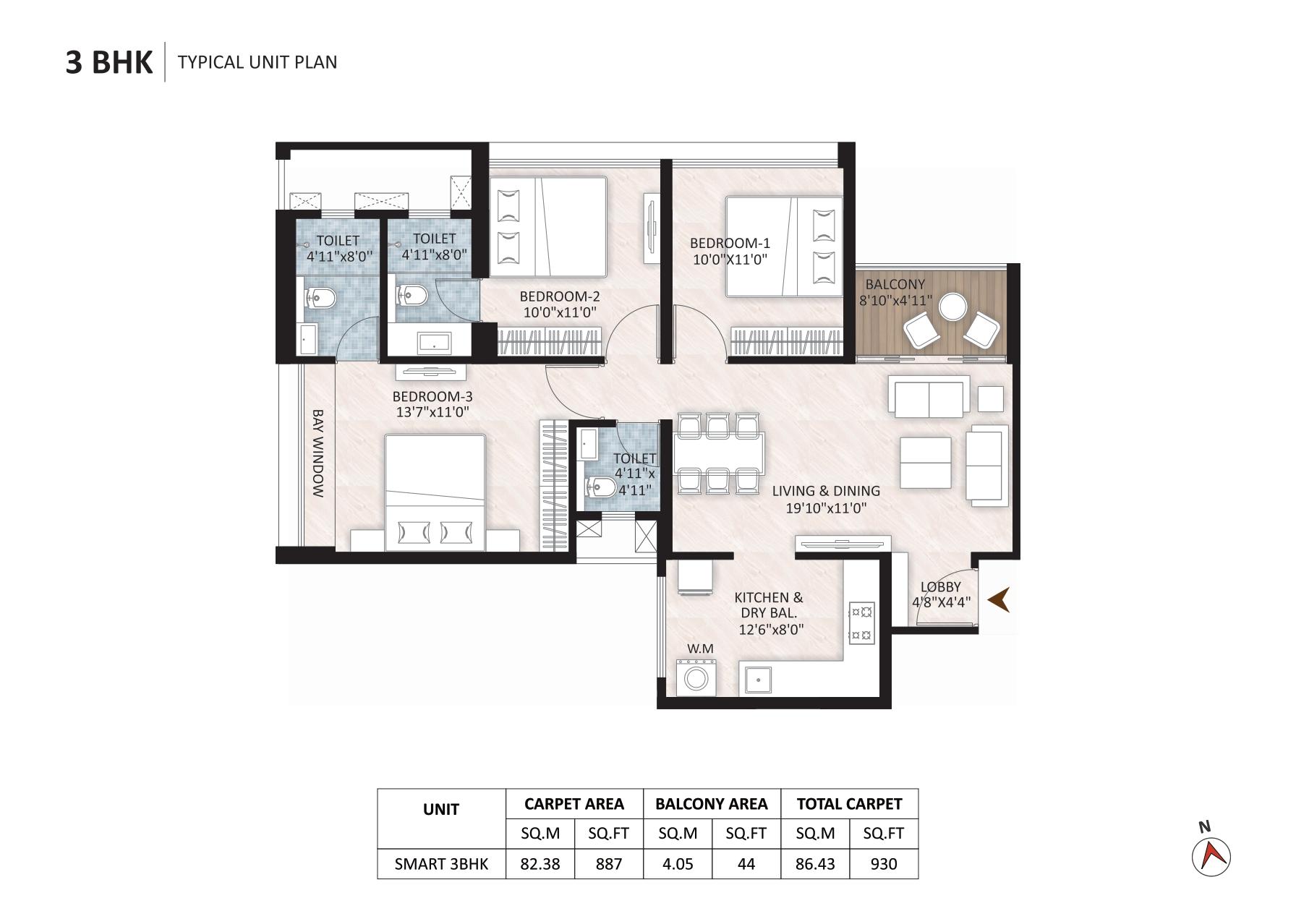 3 BHK floor plan