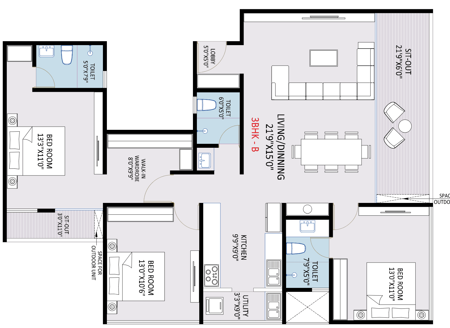 3 BHK floor plan