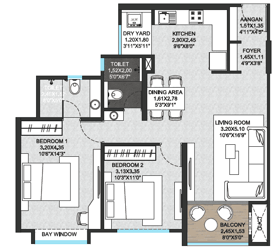 2 BHK floor plan