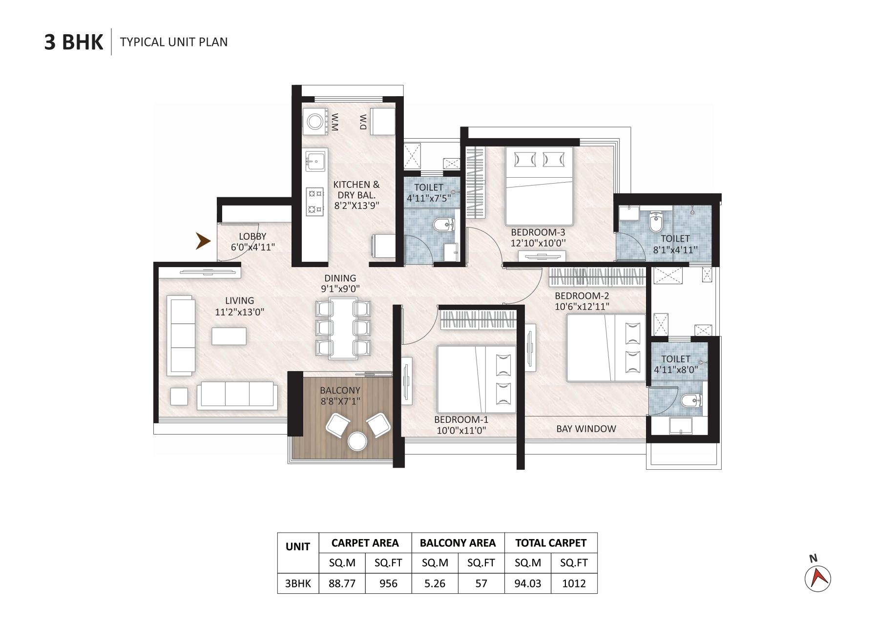 3 BHK floor plan
